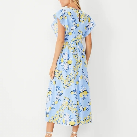 Ann Taylor Tall Ruffle Sleeve Lemon Dotted Swiss Blue Midi Dress Summer 22 Sz M - Picture 3 of 14